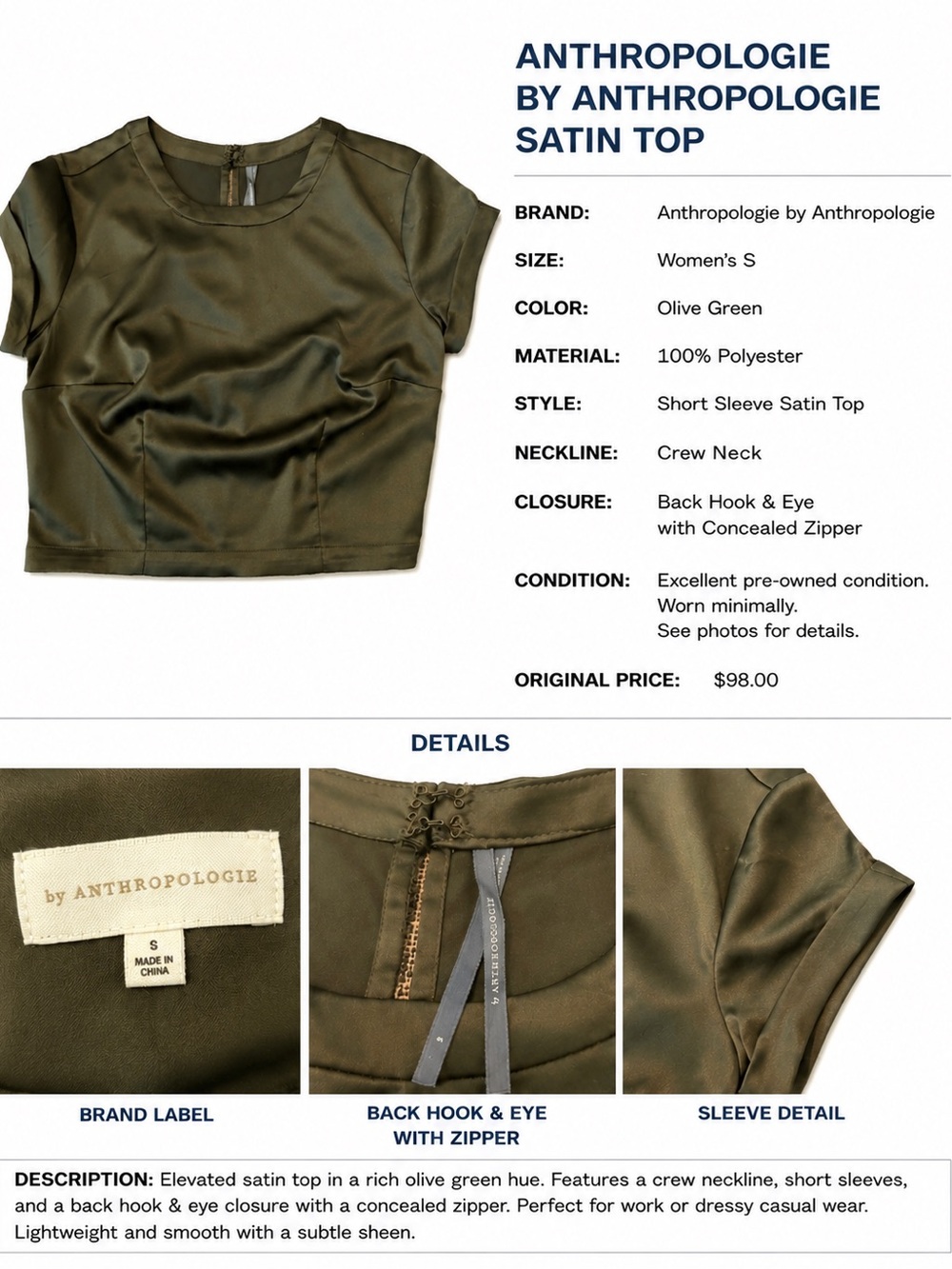 Anthropologie Olive Green Satin Short Sleeve Top